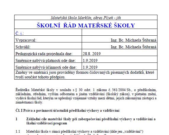 Otevřít info v pdf školní řád - printscreen